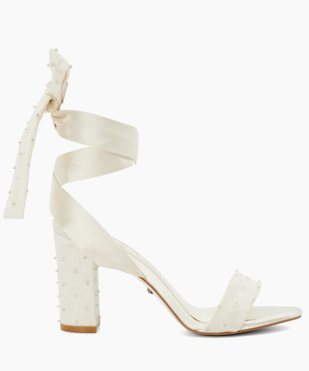 Dune london bridal morgen heeled discount sandal with gem ankle tie