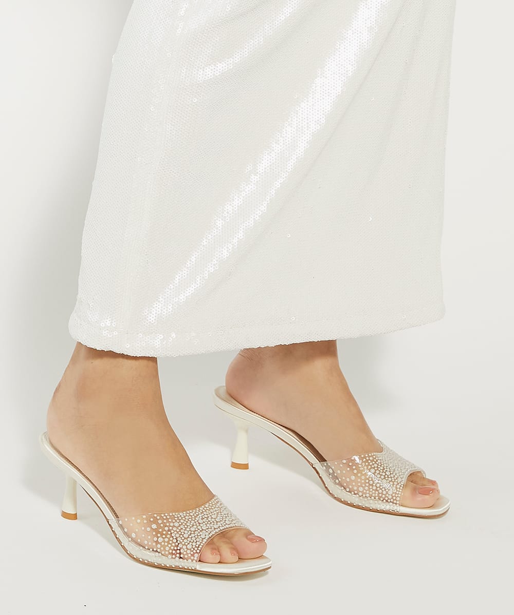 Moonlit Ivory Sea Pearl Embellished Vinyl Wedding Mules Dune London