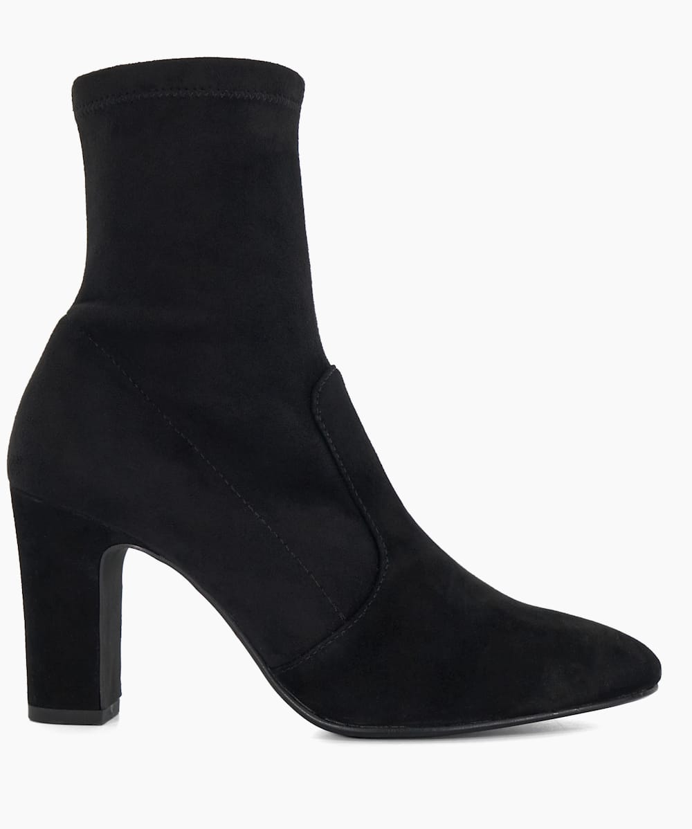 Optilly Black Almond Toe Block Heel Sock Boots Dune London