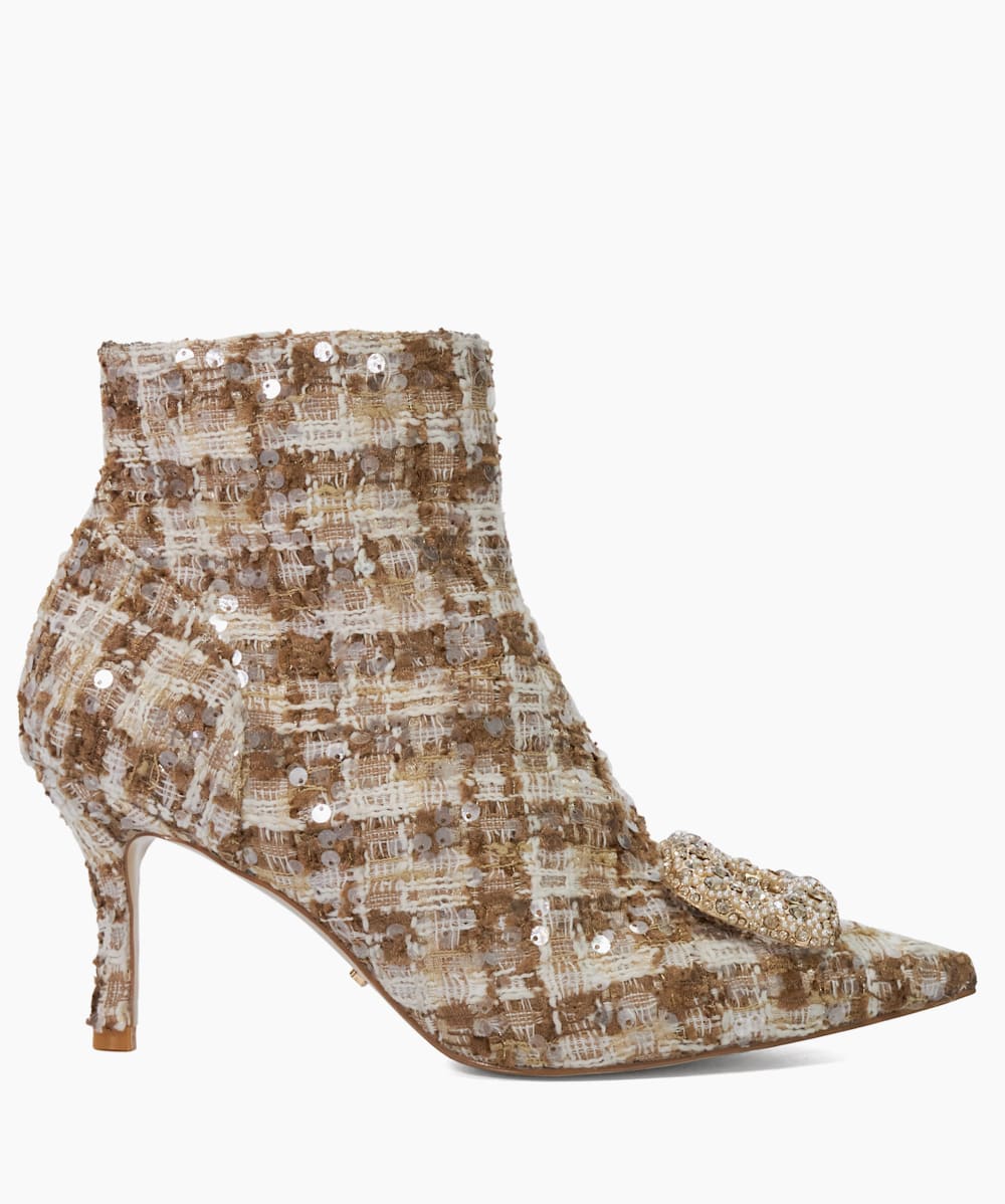 Opulance Beige Textured Heel Diamante Buckle Ankle Boots Dune London