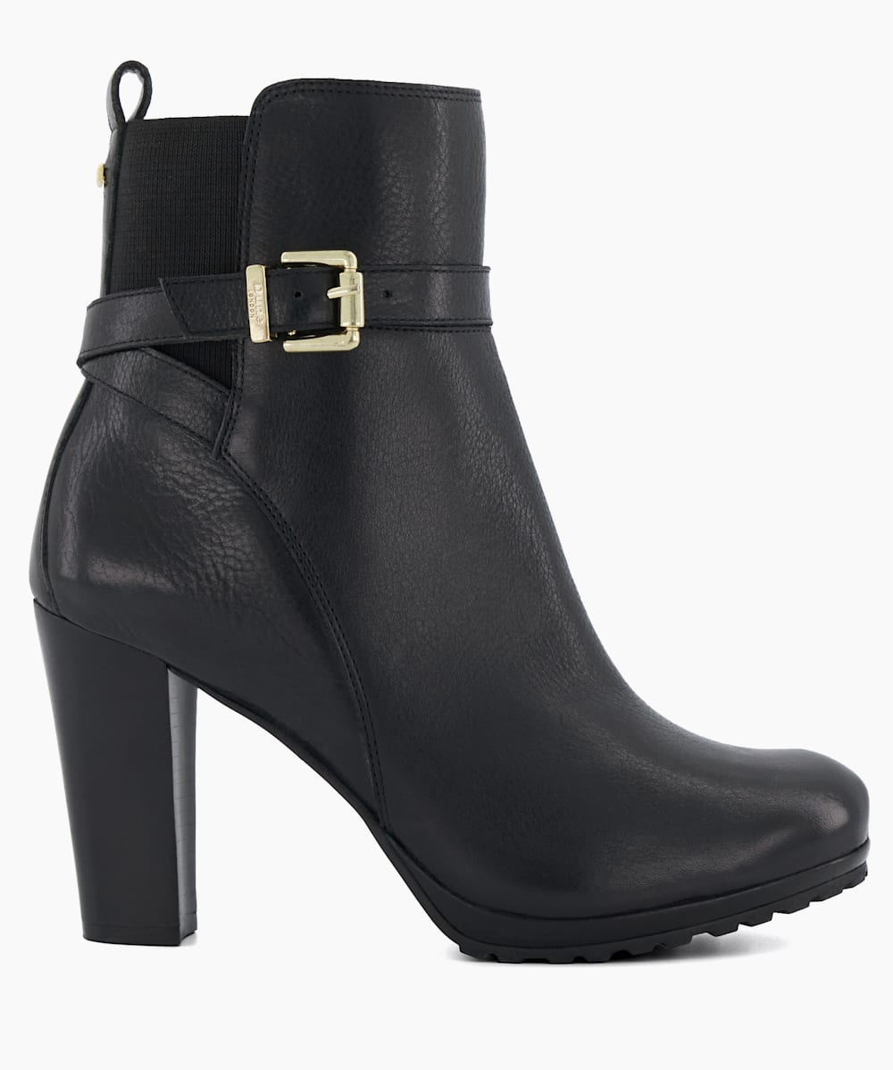 Orielle Black Buckle Detail Block Heeled Ankle Boots Dune London