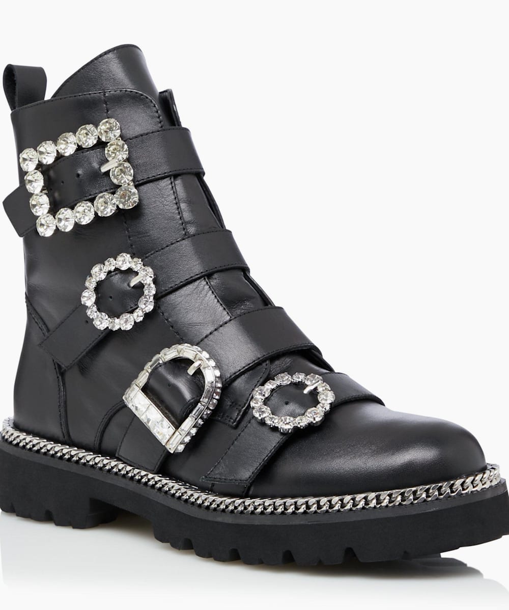 Pagola BLACK LEATHER Embellished Buckle Biker Boots Dune London