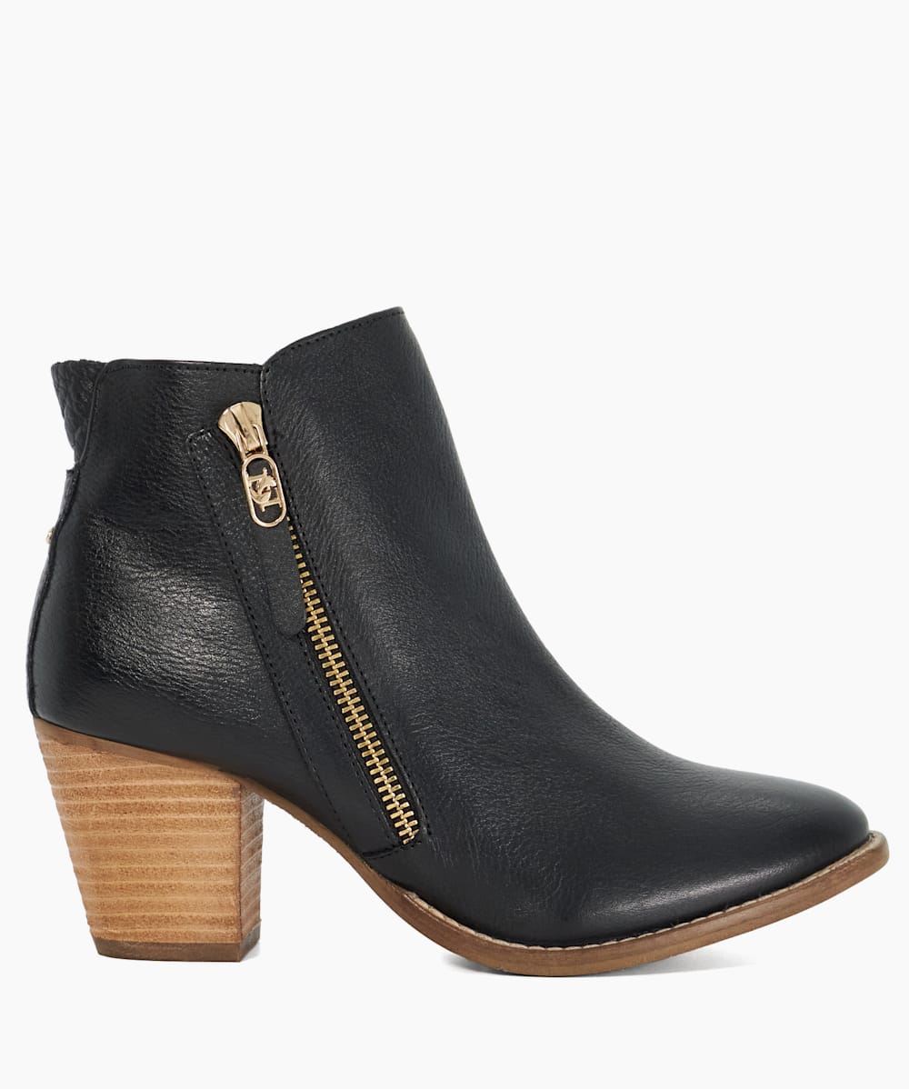 Paicey Black Stacked Heel Leather Black Ankle Boots Dune London