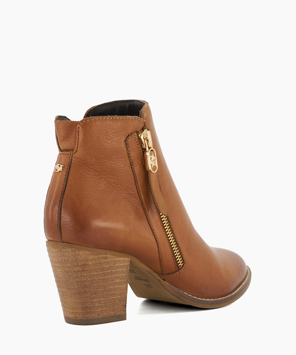 Paicey Tan Stacked Heel Leather Ankle Boots Dune London