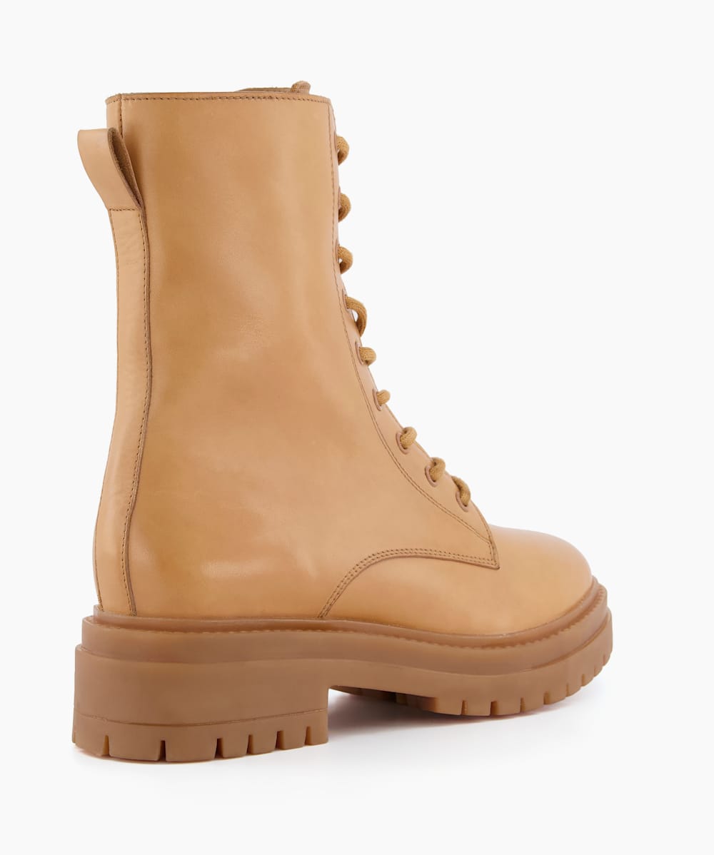 Paradisa Camel Chunky Sole Lace Up Biker Boot Dune London