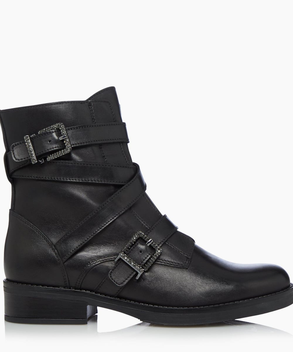 Plazo Black, Studded Detail Buckle Biker Boots