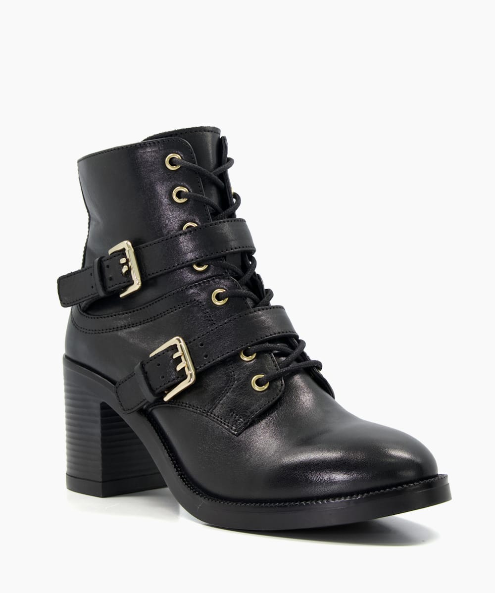 Leather Lace Up Buckle Flat Ankle Boots, Dune London