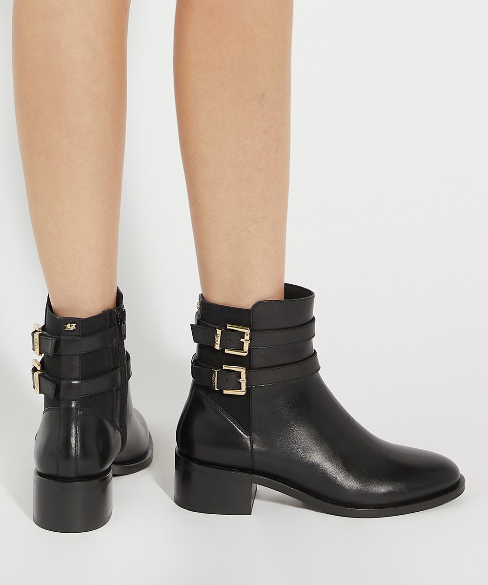 Patter Black Leather Double Buckle Block Heel Boots Dune London