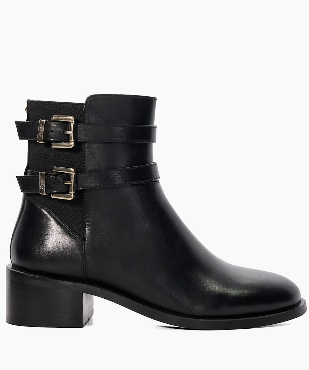Patter Black Leather Double Buckle Block Heel Boots Dune London