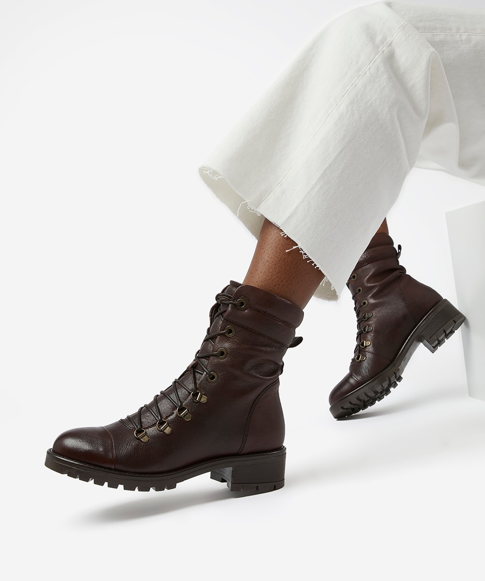 Brown lace up biker boots top