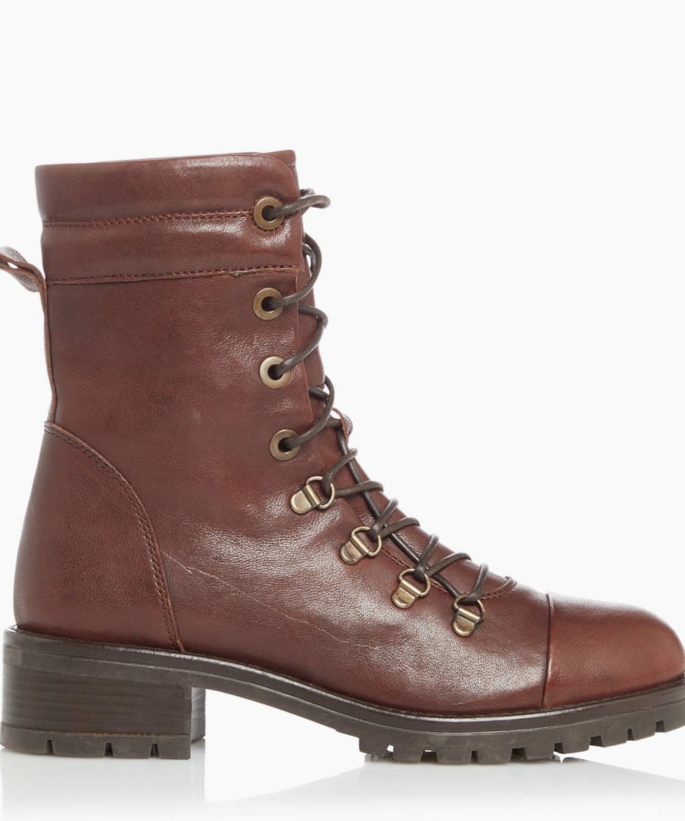 Paz Brown Ski Hook Lace Up Biker Boots Dune London