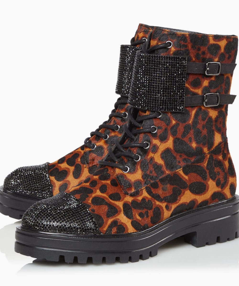Peach Leopard Embellished Cuff Biker Boots Dune London