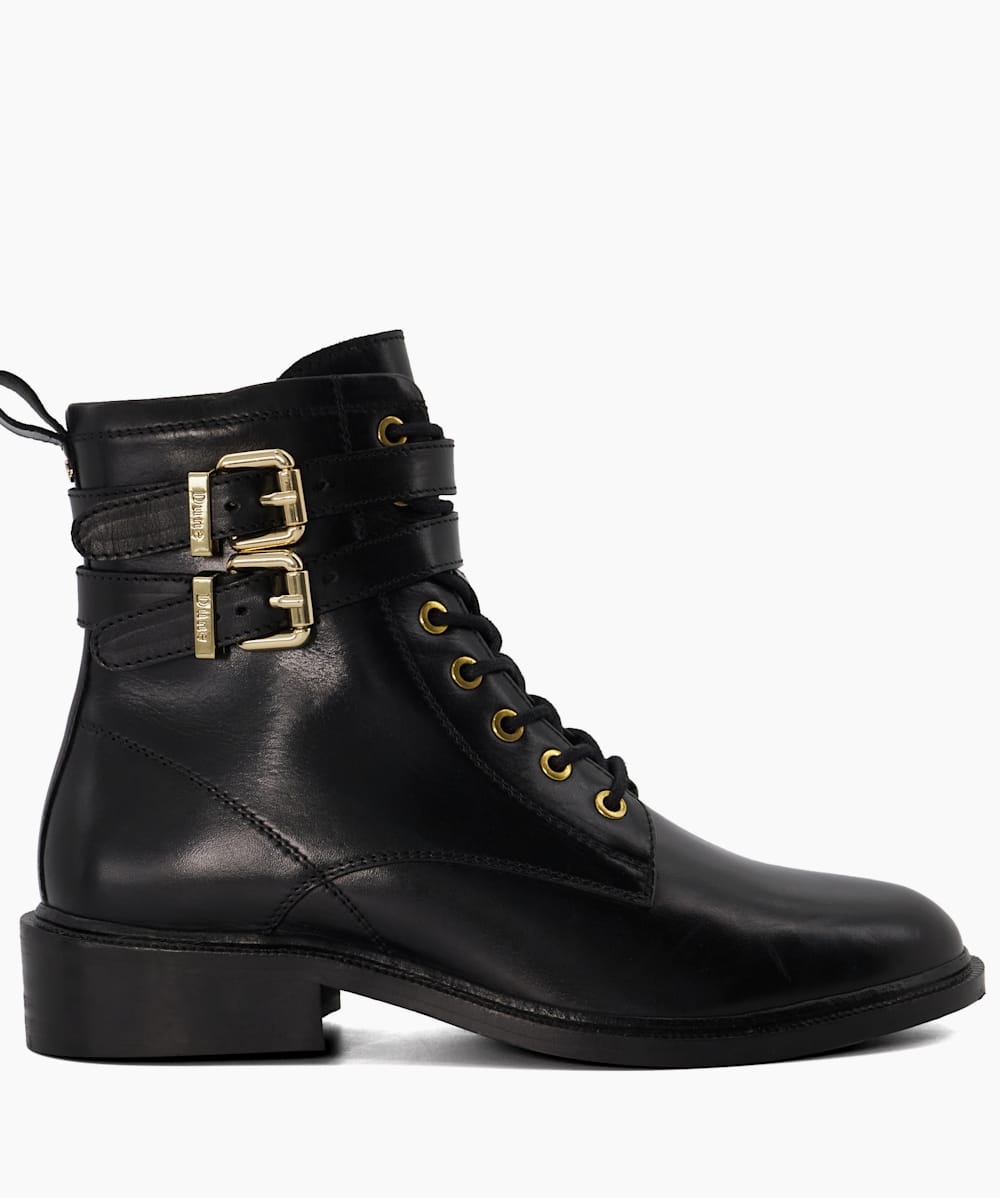 Dune risky black leather buckle ankle boot hotsell