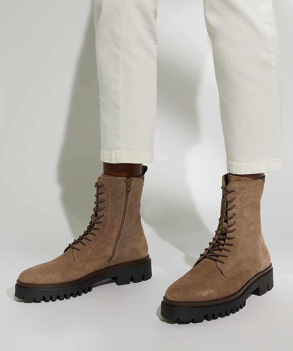 Desert taupe suede and felt women's lacy booties online
