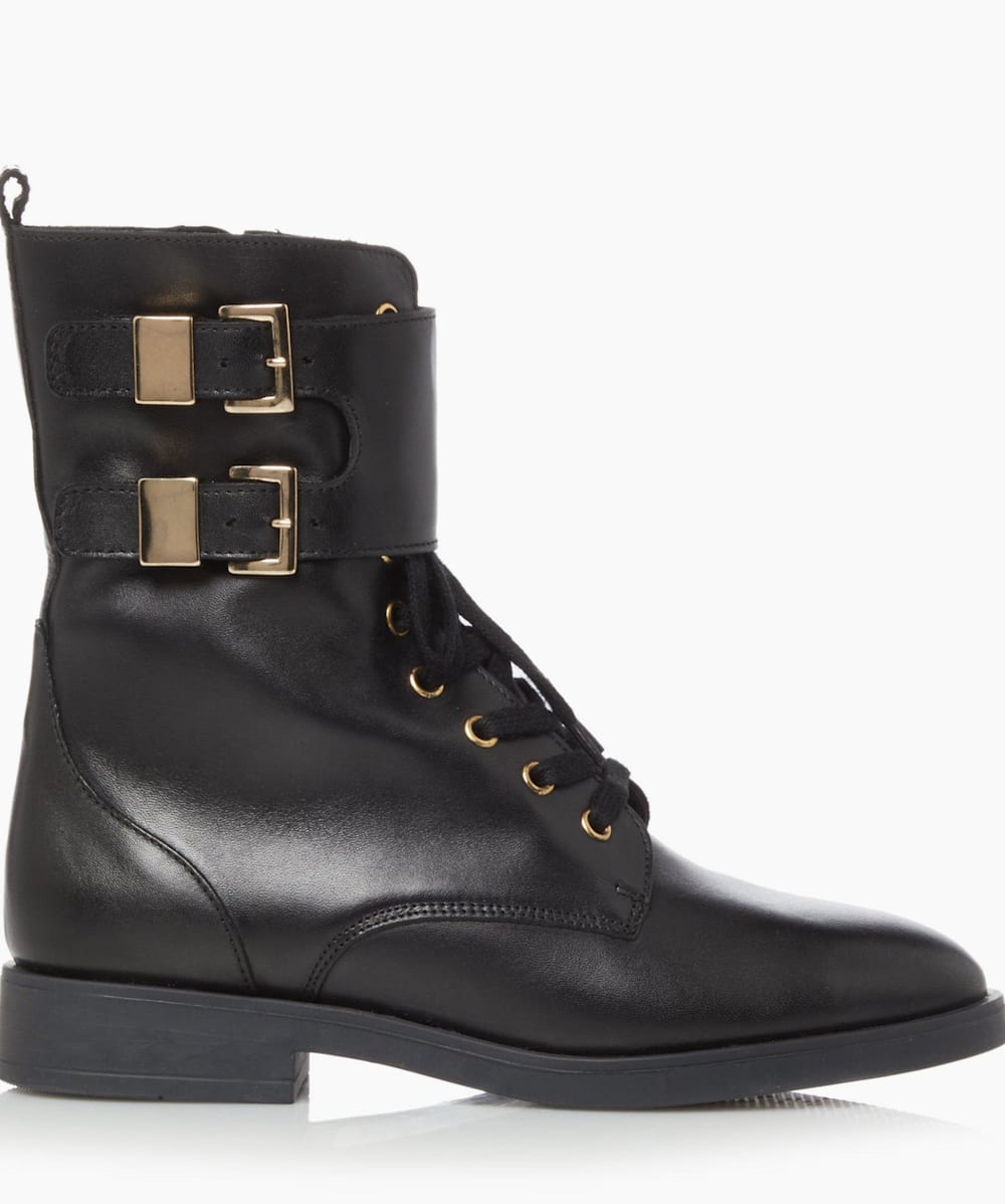 Leather Lace Up Buckle Flat Ankle Boots, Dune London