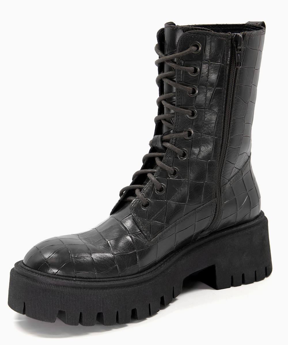 Play Black Reptile Effect Leather Lace Up Boots Dune London