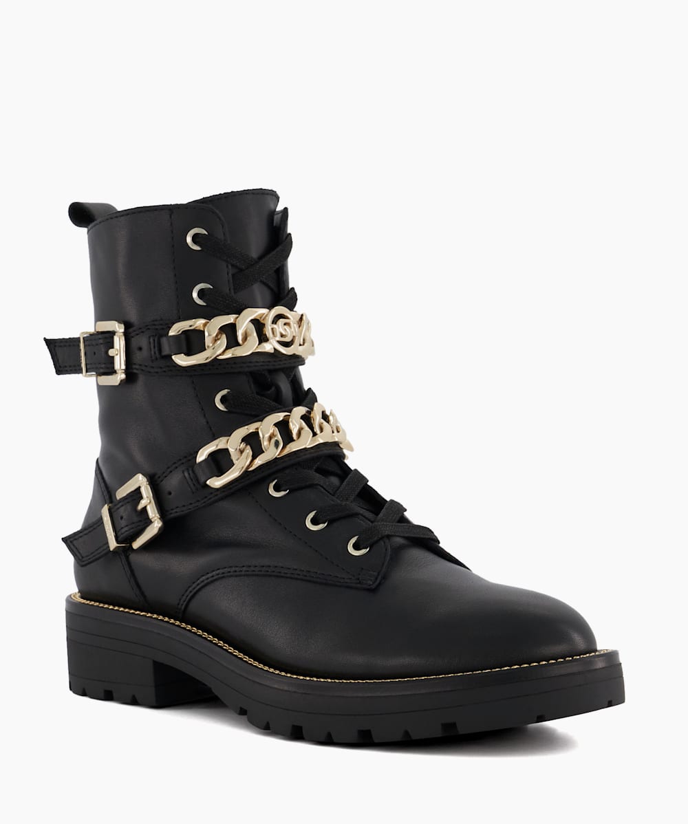 Plazas Black Branded Chain Detail Leather Ankle Boots Dune London