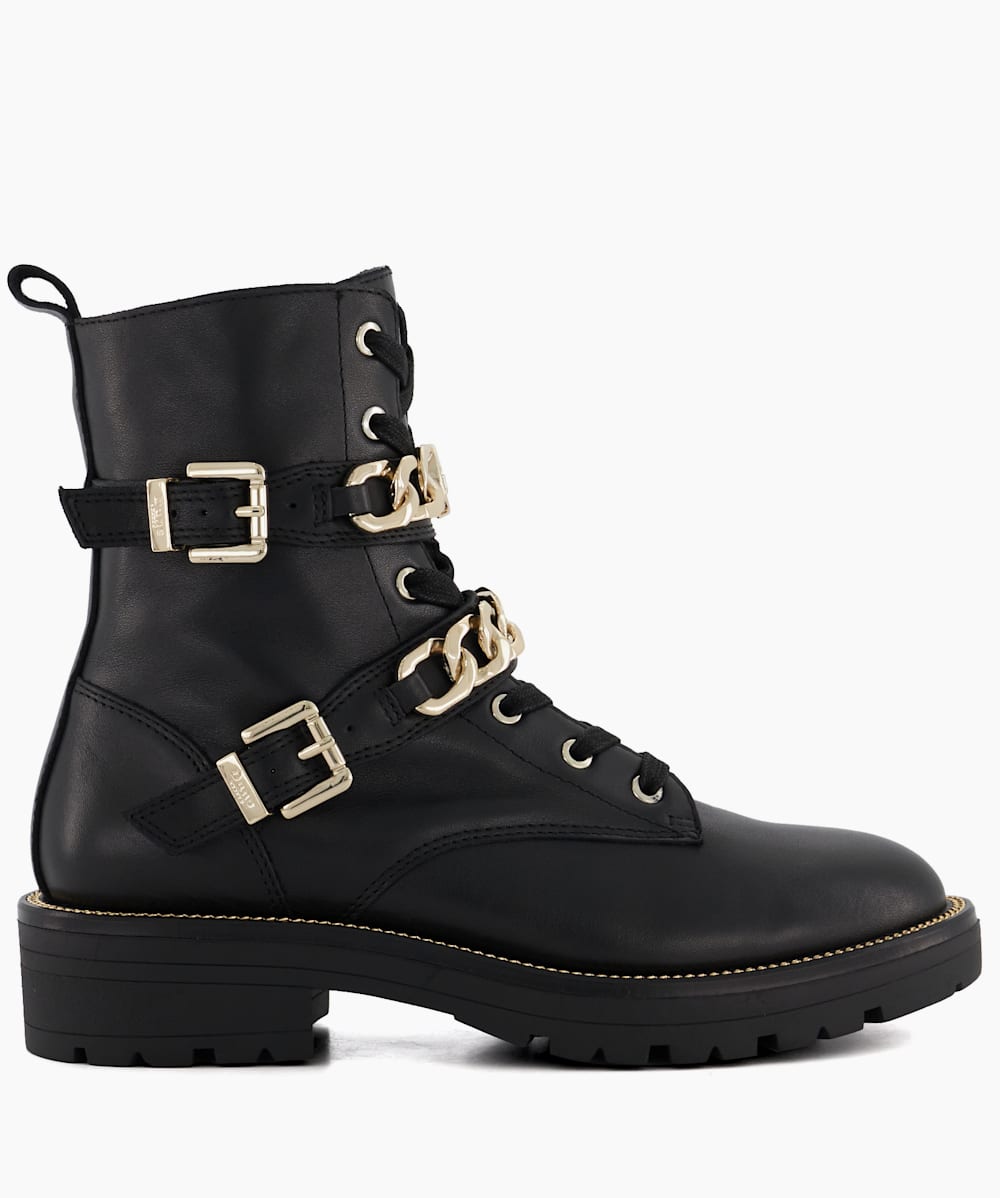 Plazas Black Branded Chain Detail Leather Ankle Boots Dune London