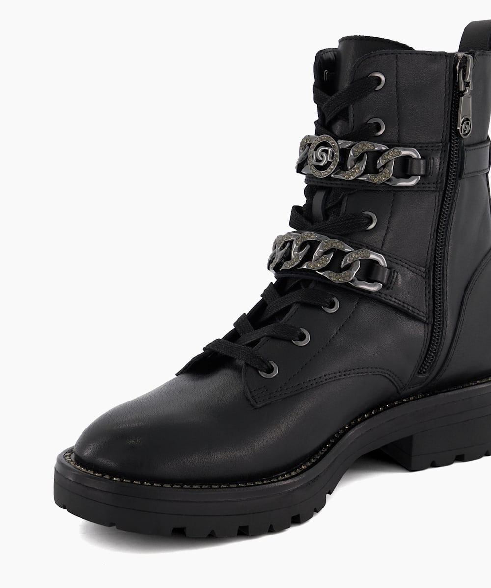 Plazas Black Chain Detail Leather Black Ankle Boots Dune London