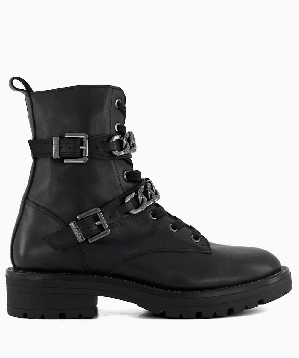 Plazas Black Chain Detail Leather Black Ankle Boots Dune London