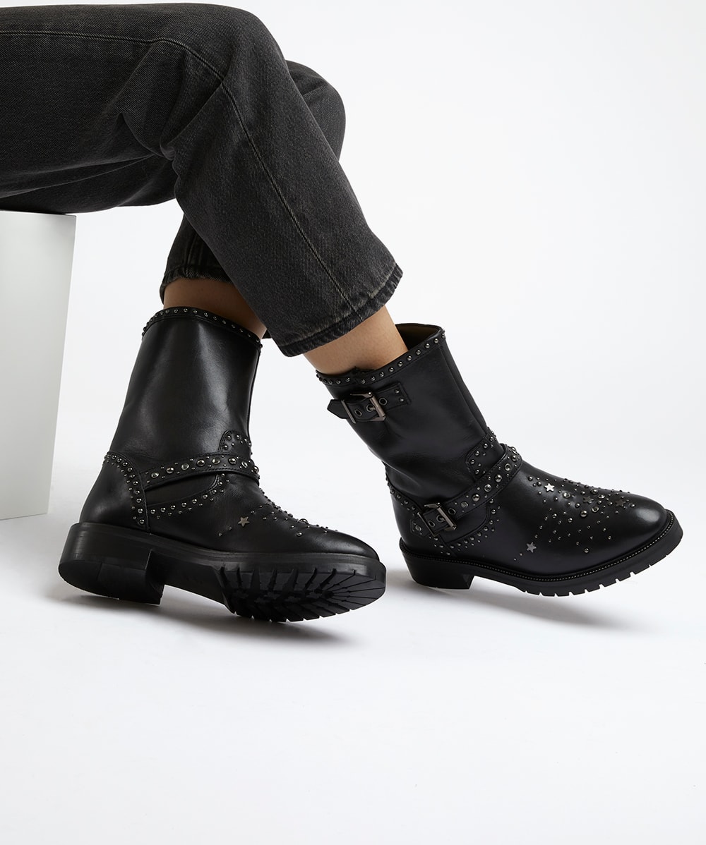 Plazo Black, Studded Detail Buckle Biker Boots