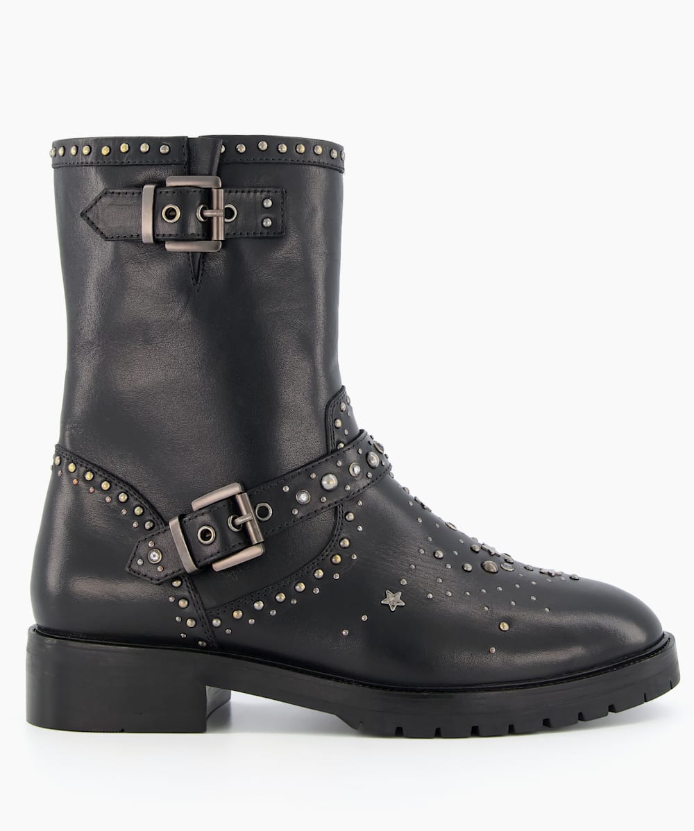 Plazo Black, Studded Detail Buckle Biker Boots