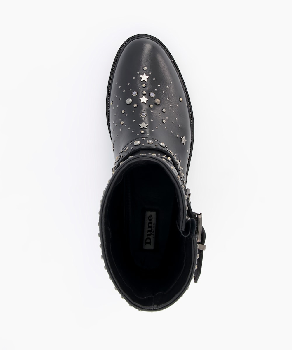 Plazo Black, Studded Detail Buckle Biker Boots