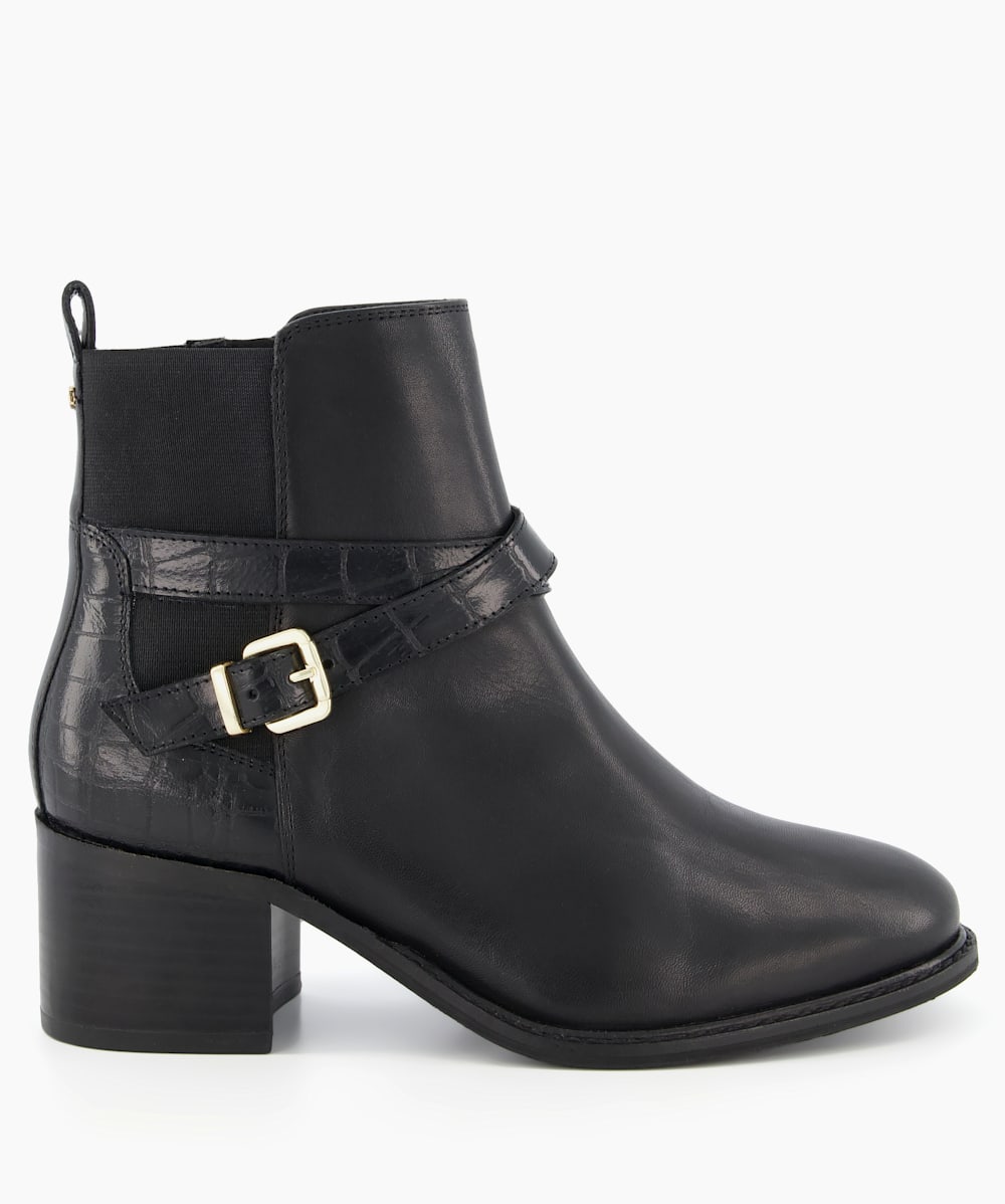 Poet Black Block Heel Ankle Strap Boots Dune London
