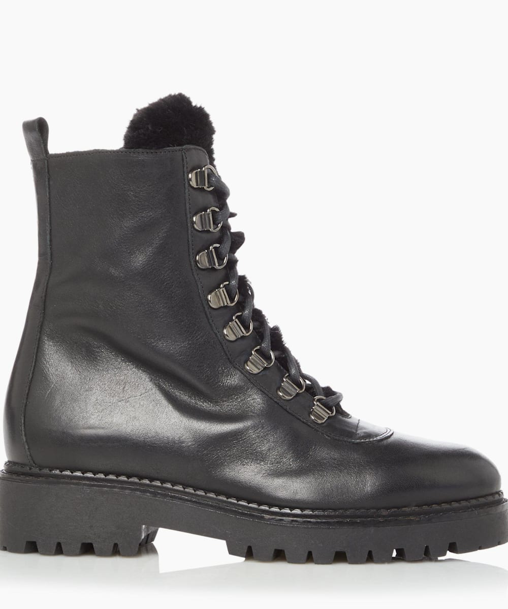 Poplin Black Faux Fur Lined Lace Up Hiker Boots Dune London