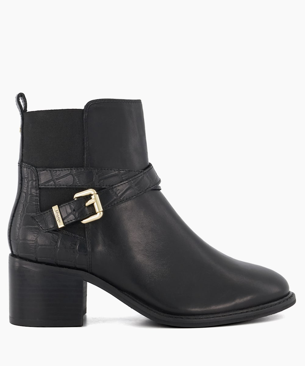 Pout Black Elasticated Leather Mix Block Heel Ankle Boots Dune London