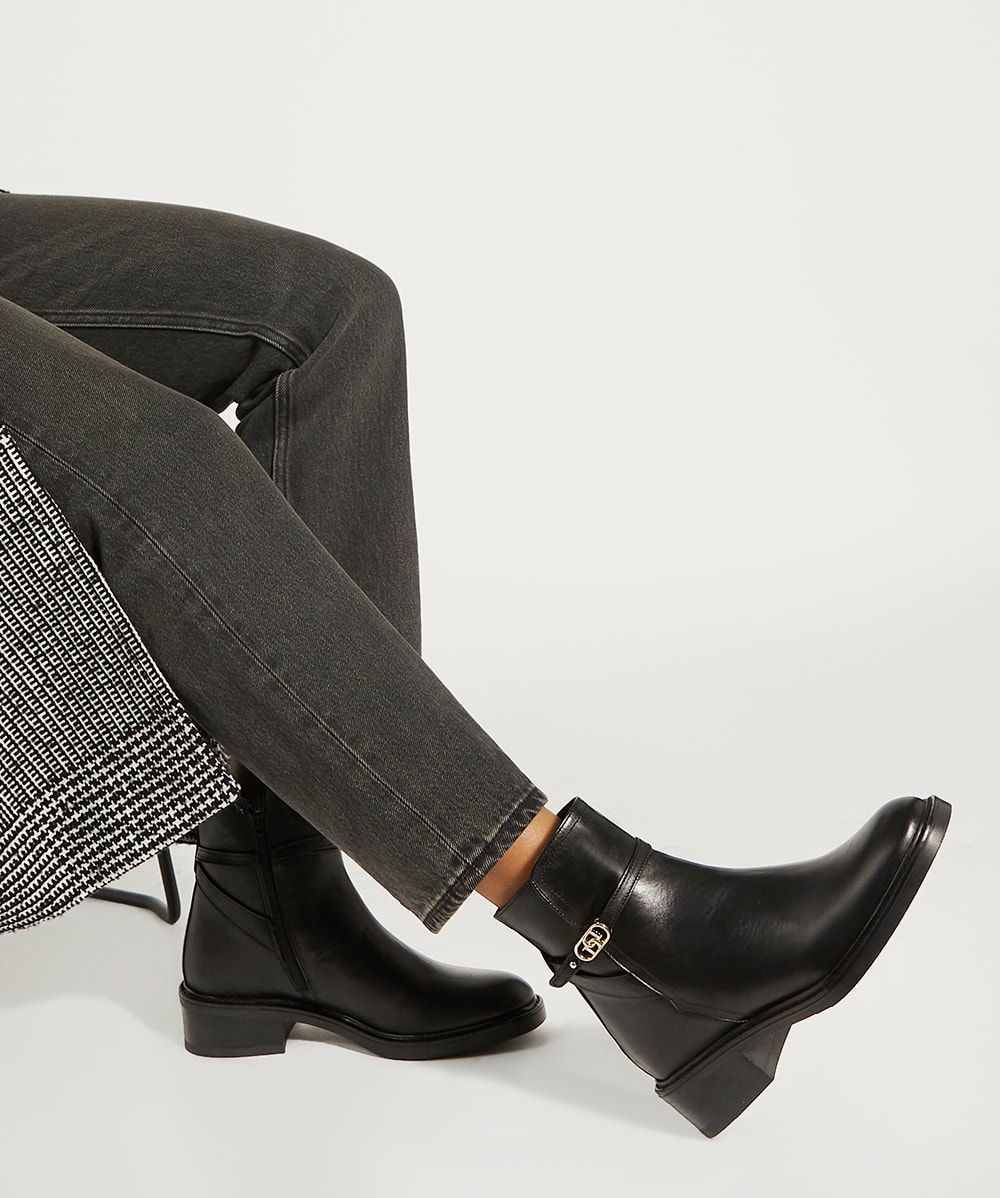 Dune risky black leather buckle hot sale ankle boot