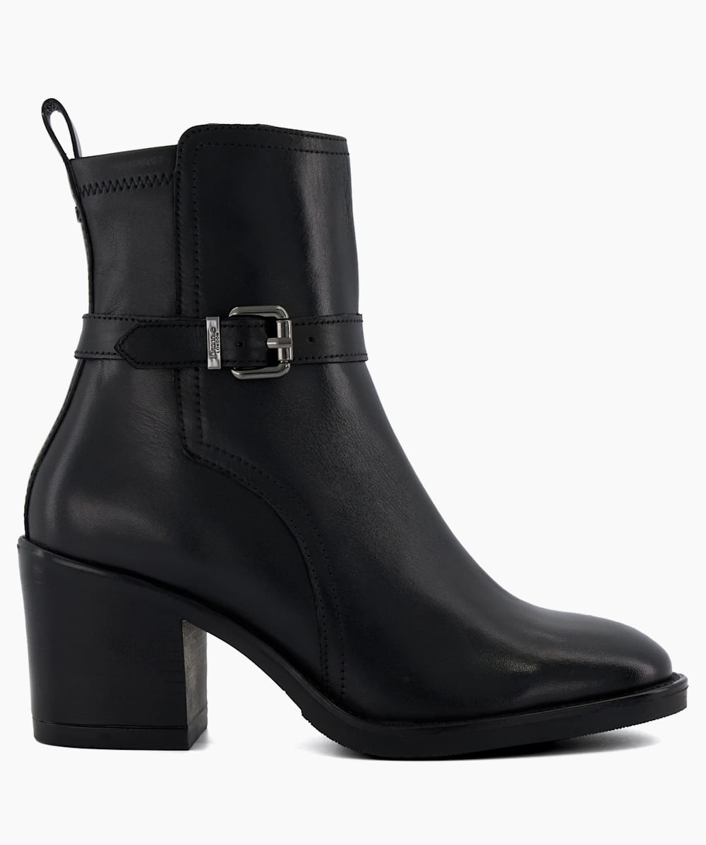 Prance Black Buckle Leather Block Heeled Ankle Boots Dune London