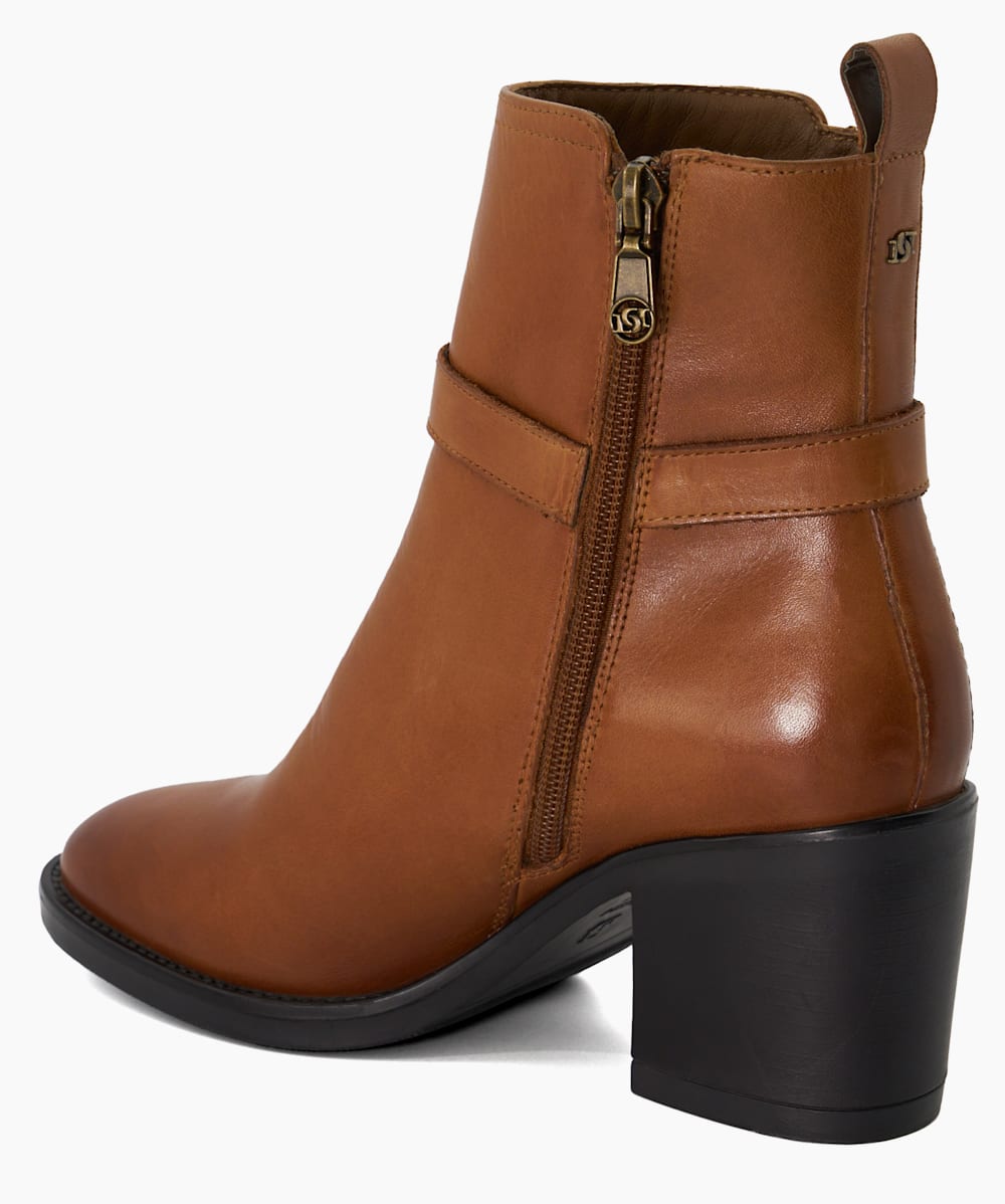 Prance Tan Buckle Leather Block Heeled Ankle Boots Dune London