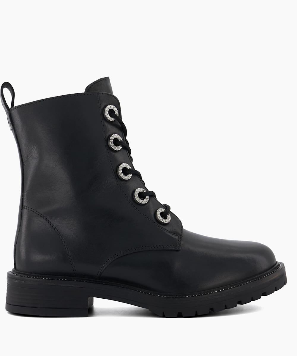 Precious 2 Black Jewel Eyelet Leather Biker Boots Dune London