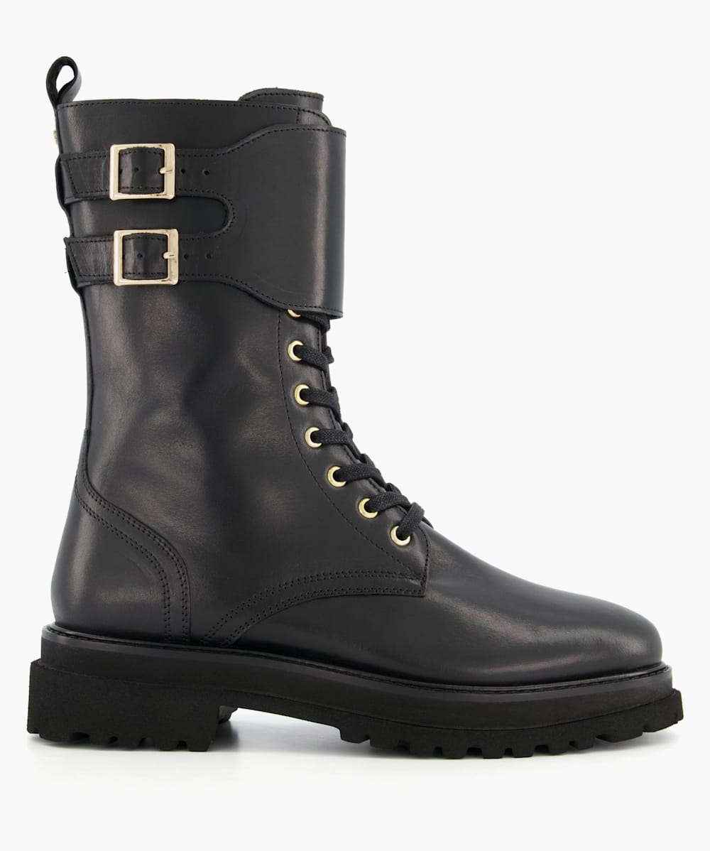 Prime Black Double Buckle Lace Up Boots Dune London
