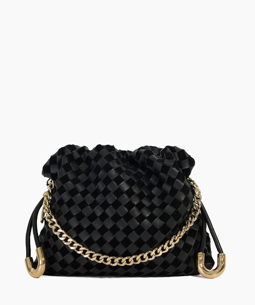Primrose S Black Small Drawstring Woven Leather Bag Dune London