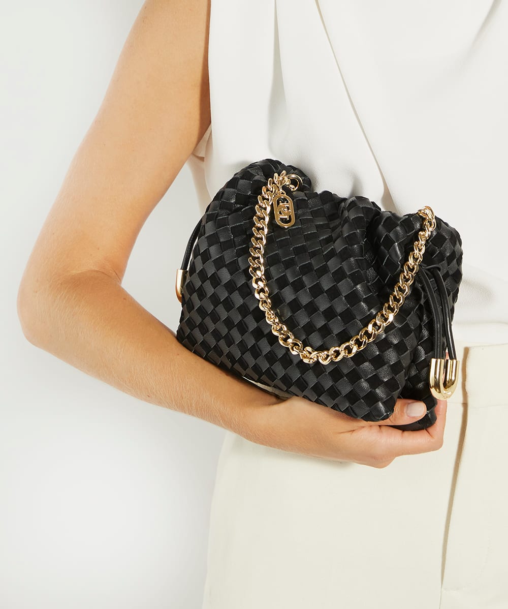 Primrose S Black Small Drawstring Woven Leather Bag Dune London