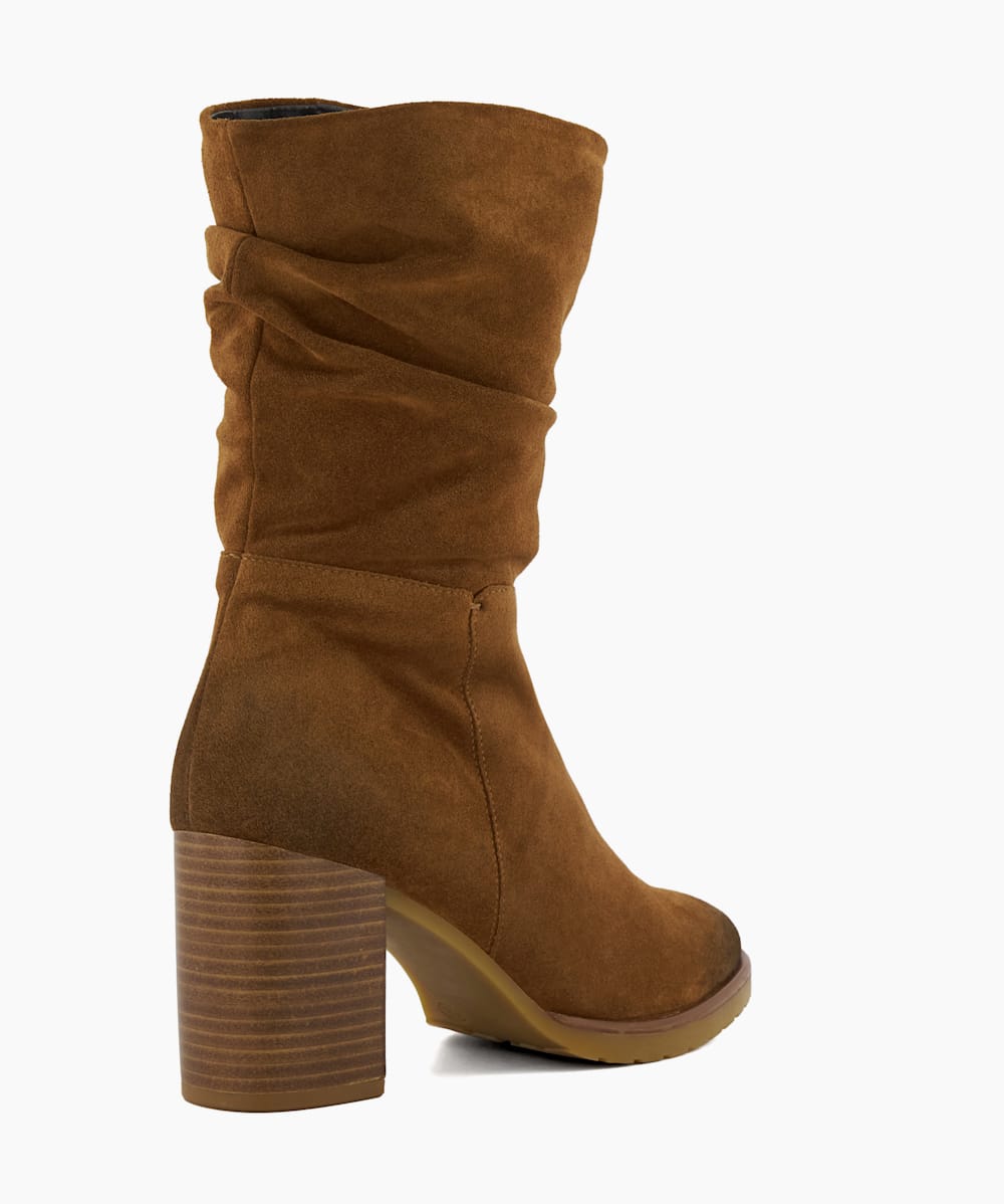 Prominent Tan Ruched Suede Block Heeled Ankle Boots Dune London