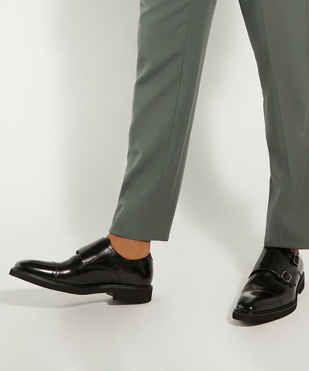 Sal Black Double Strap Leather Monk Shoes Dune London