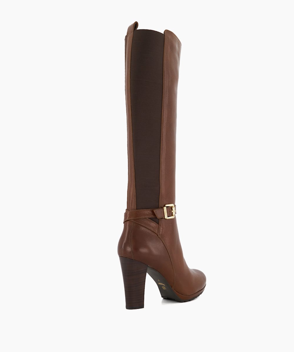Sareena TAN LEATHER Buckle Detail Block Heel Leather Knee High