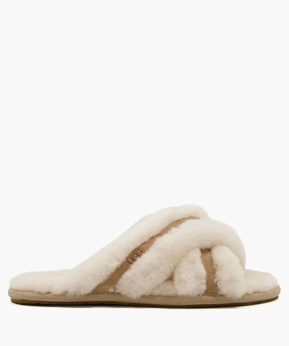 Scuffitta Natural Cross Strap Faux Fur Slippers Dune London