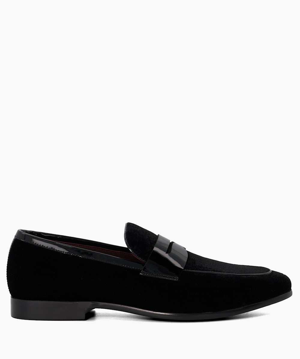 Sensory Black Patent Saddle Trim Velvet Loafers Dune London
