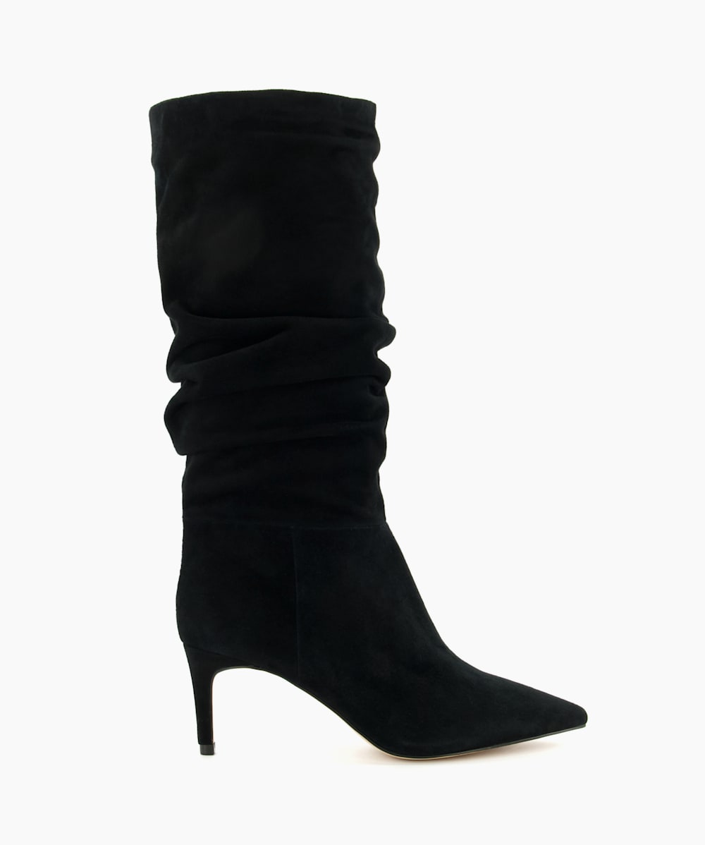 Slouch Black Ruched Suede Heeled Boots Dune London