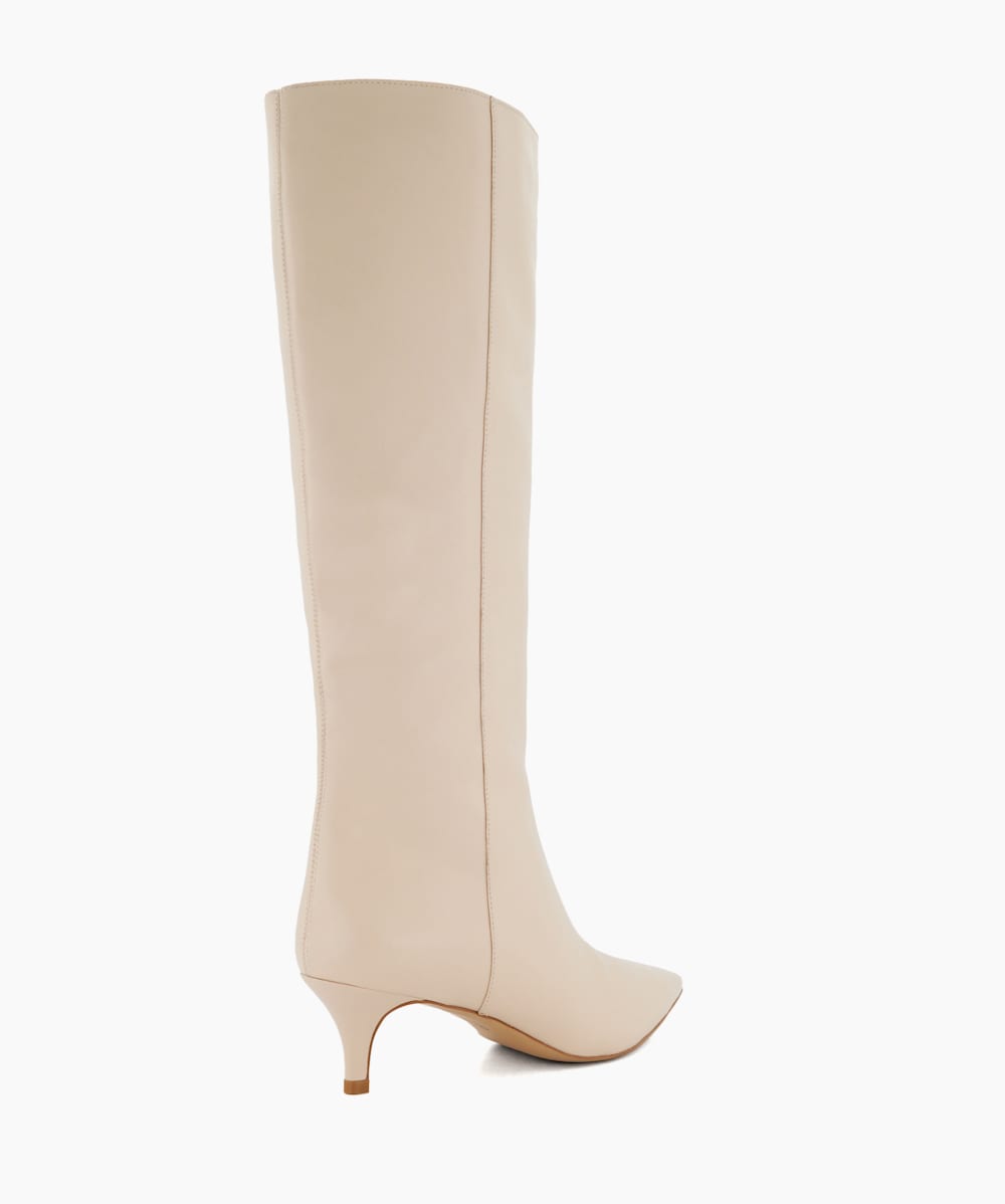 Smooth Ecru Kitten Heeled Leather Knee High Boots Dune London