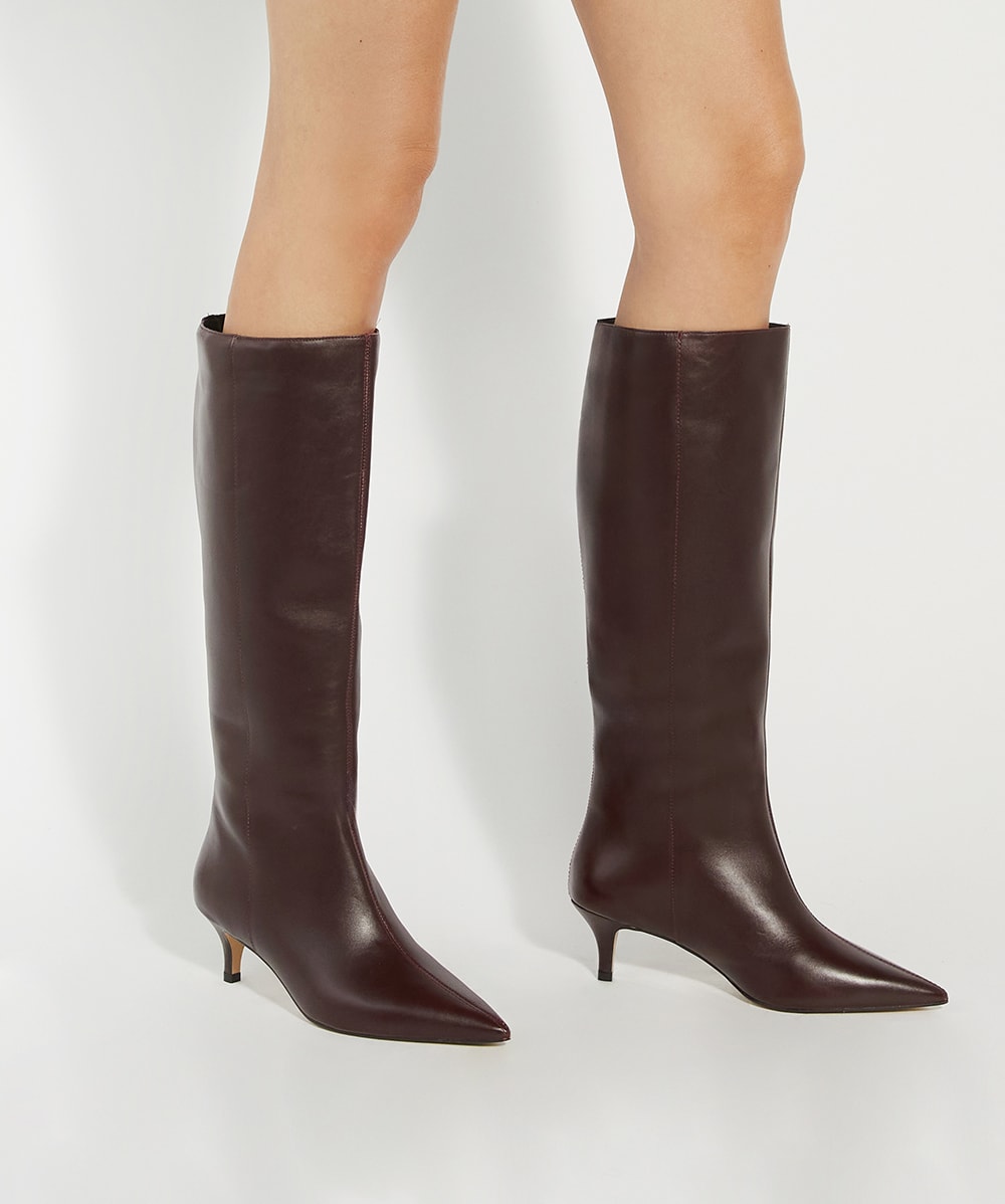 Smooth Dark Red Kitten Heeled Knee High Boots Dune London