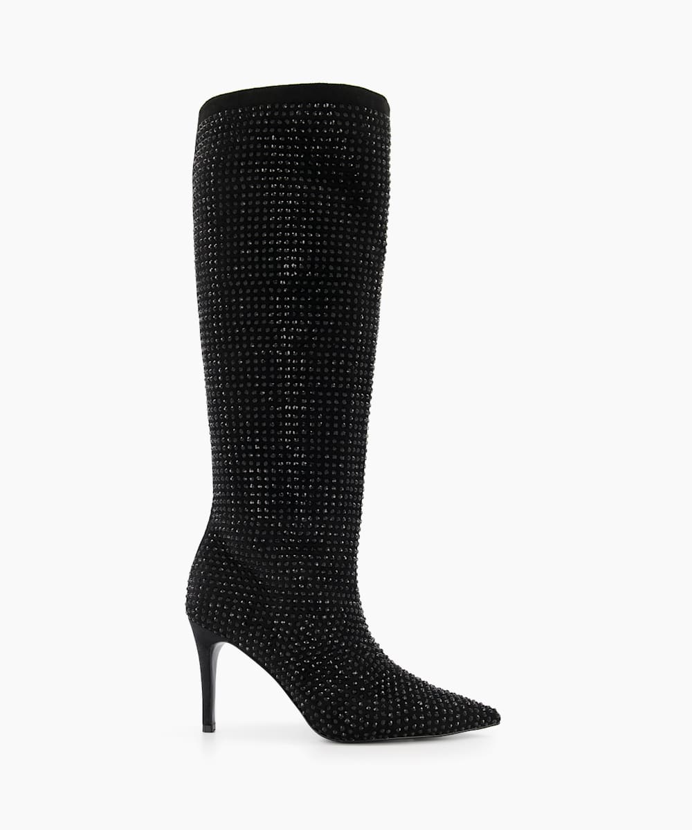 Black glitter knee high top boots