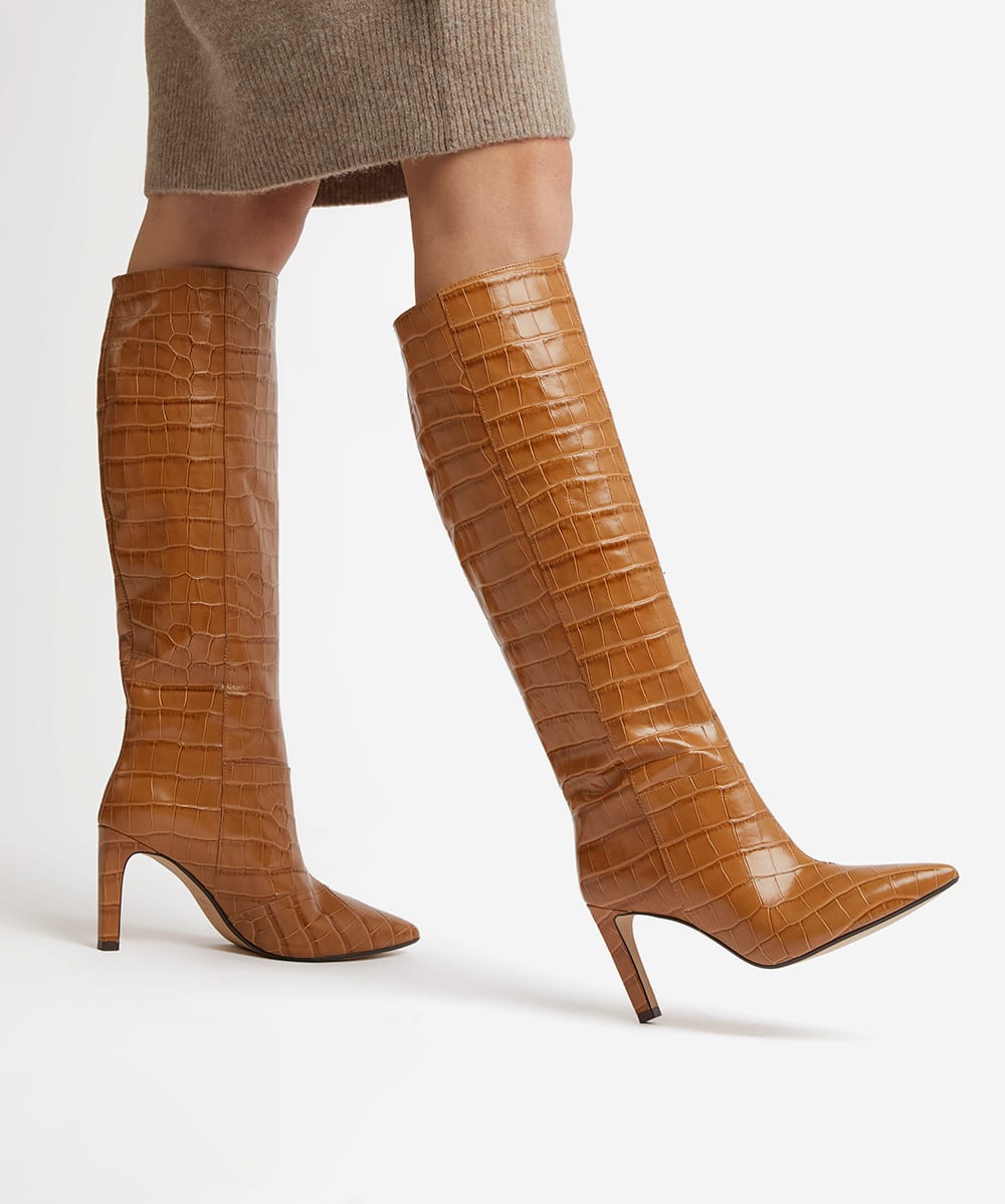 Spice Camel Pointed Stiletto Knee High Heeled Boots Dune London