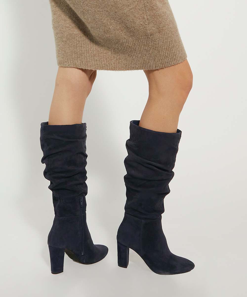 Stigma Navy Ruched Block Heel Suede Knee High Boots Dune London