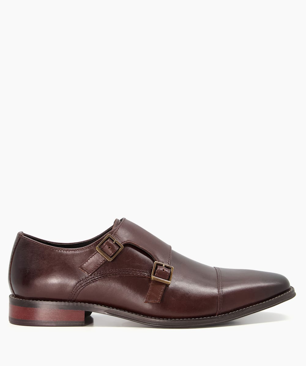 Stitch Brown Topstitch Leather Monk Shoes Dune London