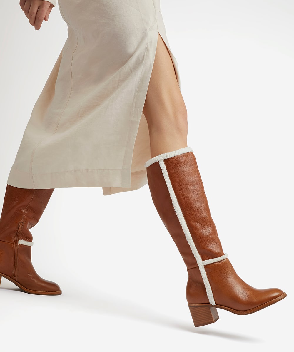 Tawn Tan Fluffy Trim Leather Boots Dune London